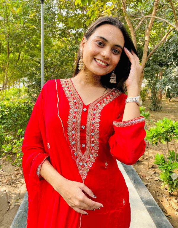 Red Embroidered Chionon -Silk Sharara Set with Dupatta