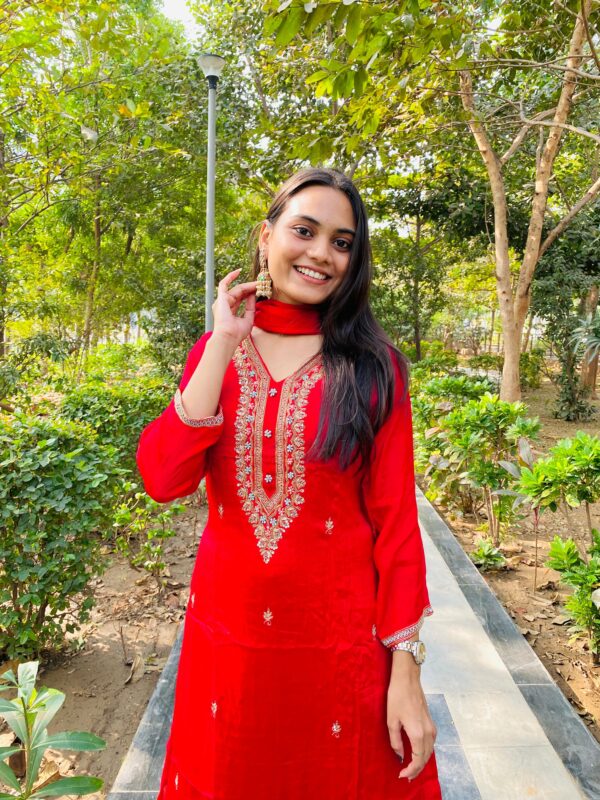 Red Embroidered Chionon -Silk Sharara Set with Dupatta - Image 2