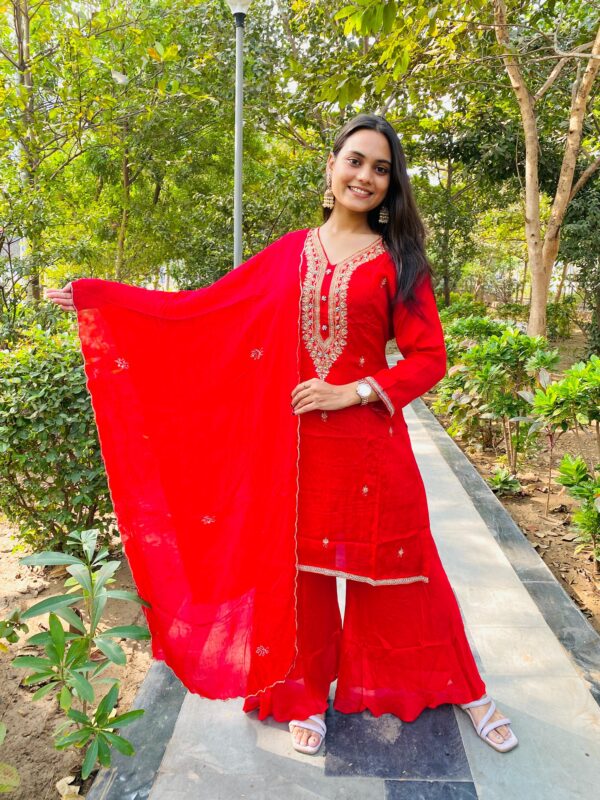 Red Embroidered Chionon -Silk Sharara Set with Dupatta - Image 3