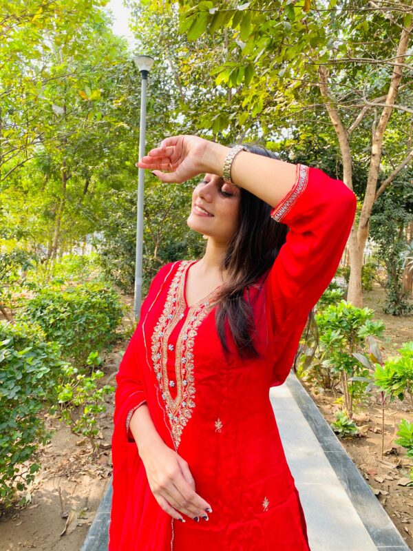 Red Embroidered Chionon -Silk Sharara Set with Dupatta - Image 4